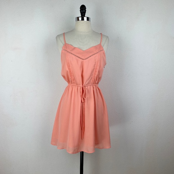 Paper Crane Peach Chiffon Chemise Mini Dress Size Medium Drawstring Waist Zip - Picture 1 of 14